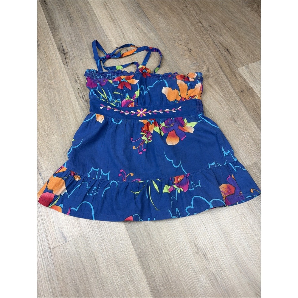 O'Neill Women's XS Halter Boho Floral Top Blue Smocked Tiered Blouse